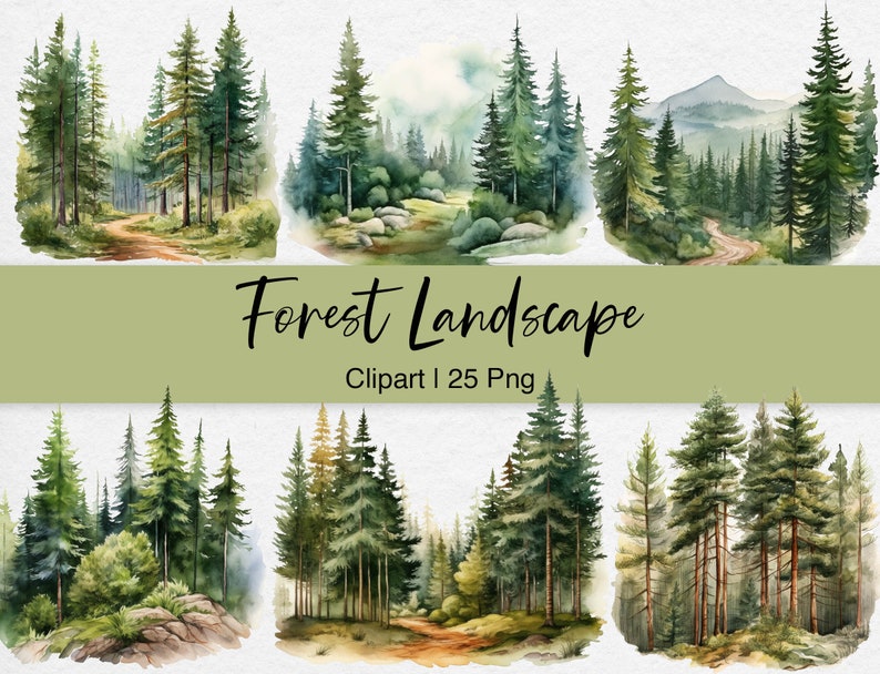 May include: A set of 25 watercolor illustrations of forest landscapes. The images feature lush green trees, winding paths, and glimpses of mountains in the distance. The illustrations are perfect for adding a touch of nature to your designs.