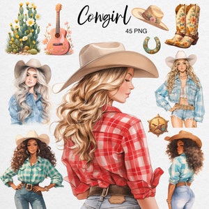 Clipart da cowgirl, grafica da cowboy occidentale, PNG per ragazza di moda acquerello, Horse Ranch, adesivi digitali, uso commerciale