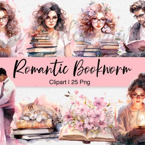 Romantische boekenwurm aquarel clipart, boek minnaar PNG, meisje lezen clipart, stapel boeken, thuisbibliotheek, Instant Download, commercieel gebruik