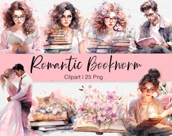 Romantic Bookworm Clipart: Watercolor Book Lover PNG (Commercial Use)