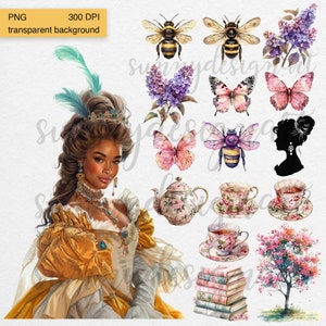 May include: A digital illustration of a woman in a yellow and white dress with a crown on her head. She is surrounded by various floral and insect illustrations, including butterflies, bees, and lilac flowers. There are also illustrations of a teapot, teacups, a stack of books, and a tree.