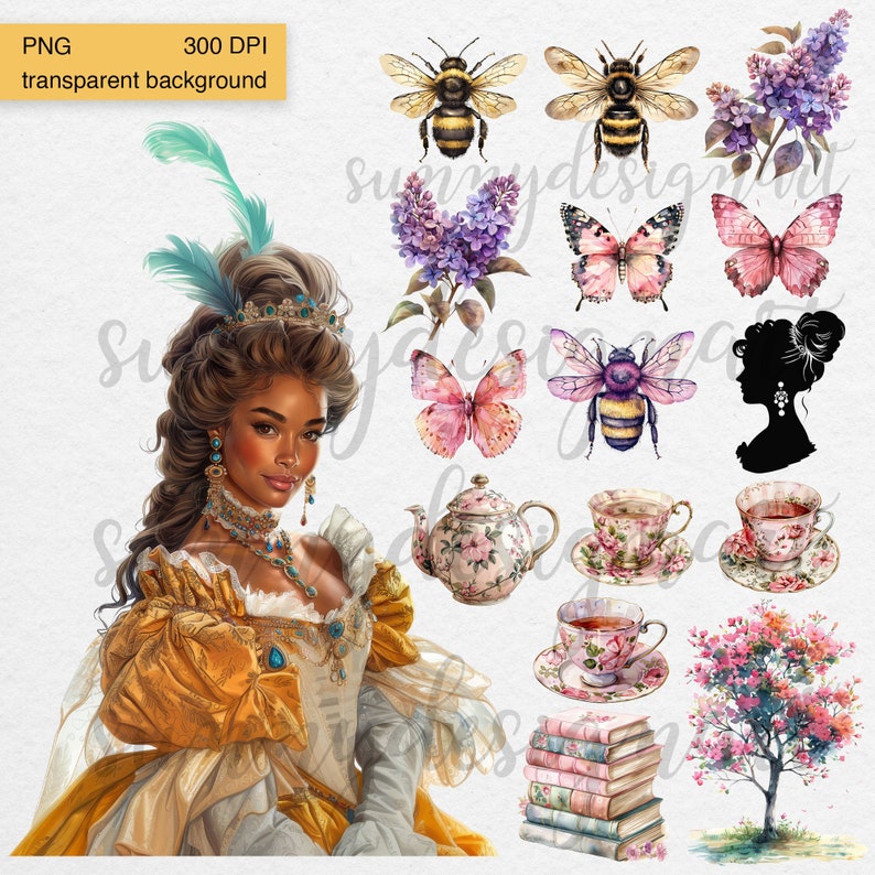May include: A digital illustration of a woman in a yellow and white dress with a crown on her head. She is surrounded by various floral and insect illustrations, including butterflies, bees, and lilac flowers. There are also illustrations of a teapot, teacups, a stack of books, and a tree.