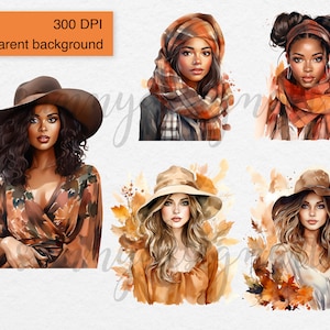 May include: Watercolor illustrations of women in autumn attire. The images feature women with various hairstyles, wearing hats, scarves, and fall-colored clothing. The background includes watercolor leaves and the text "PNG transparent background 300 DPI".