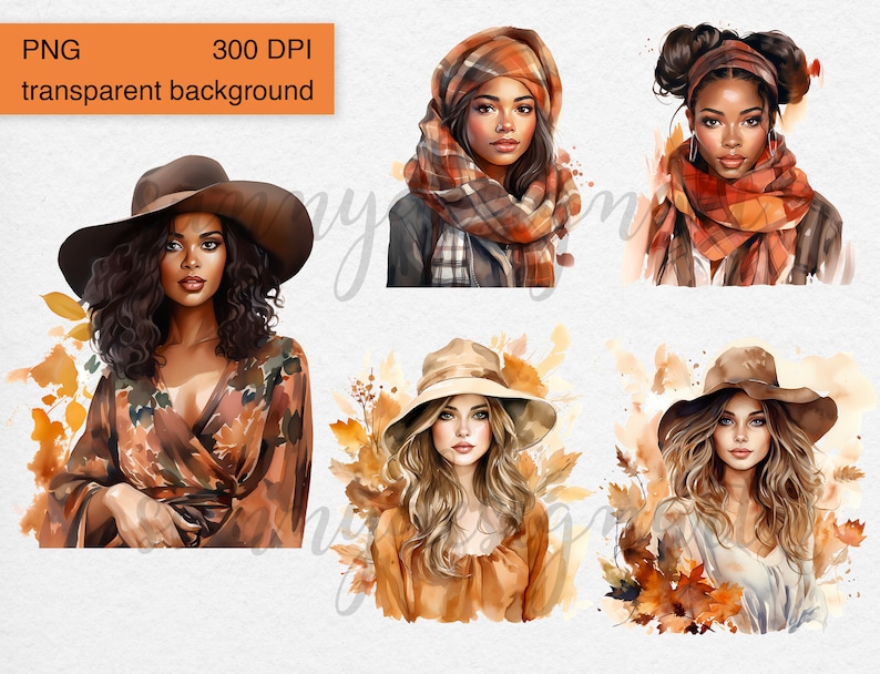 May include: Watercolor illustrations of women in autumn attire. The images feature women with various hairstyles, wearing hats, scarves, and fall-colored clothing. The background includes watercolor leaves and the text "PNG transparent background 300 DPI".