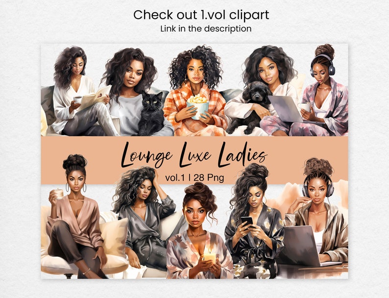 May include: A digital illustration of eight women relaxing in various poses. The women are all wearing casual clothing and are depicted in a lounge setting. The text "Lounge Luxe Ladies vol.1 | 28 Png" is displayed at the bottom of the image.