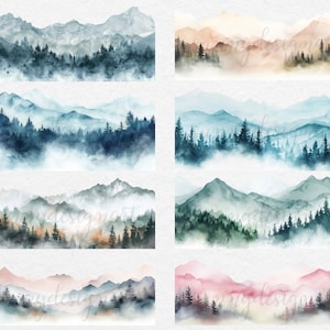 May include: A set of ten watercolor illustrations of misty mountain ranges with a variety of color palettes, including blue, green, brown, pink, and orange.