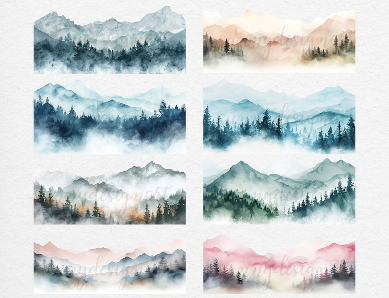 May include: A set of ten watercolor illustrations of misty mountain ranges with a variety of color palettes, including blue, green, brown, pink, and orange.