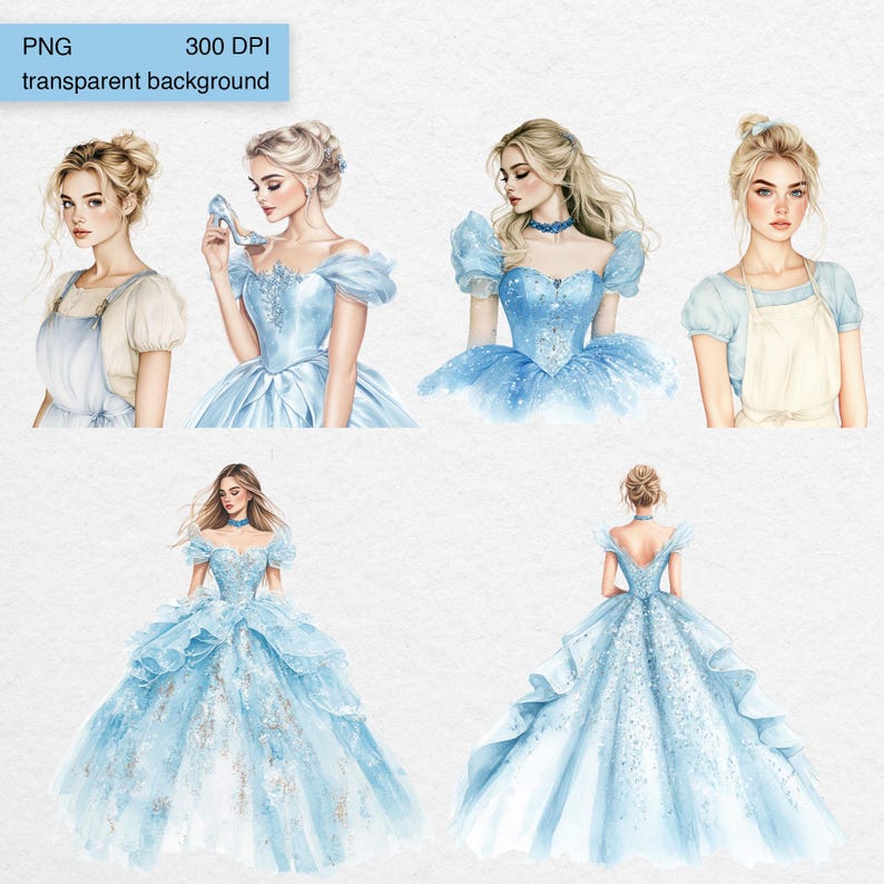 Watercolor Cinderella PNGs showing princess in blue ball gown and apron outfit, front and back views, high-quality transparent background clipart for crafts and invitations.