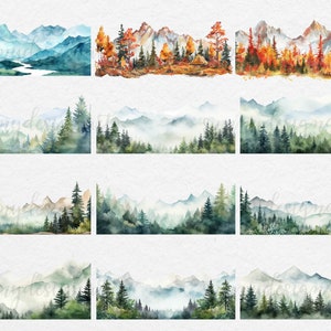 May include: A set of 12 watercolor illustrations featuring different mountain landscapes. The illustrations depict a variety of scenes, including mountains with a river, mountains with a forest, and mountains with a tent. The illustrations are painted in a soft, muted palette of blues, greens, and browns.
