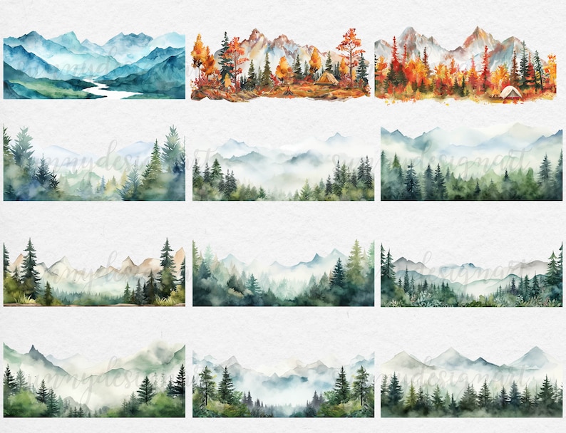 May include: A set of 12 watercolor illustrations featuring different mountain landscapes. The illustrations depict a variety of scenes, including mountains with a river, mountains with a forest, and mountains with a tent. The illustrations are painted in a soft, muted palette of blues, greens, and browns.