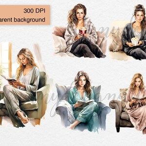 May include: Four watercolor illustrations of women relaxing in armchairs. One woman is reading a book, another is watching a movie and eating popcorn, and the other two are reading books.