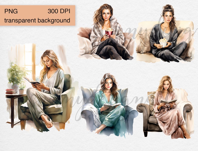 May include: Four watercolor illustrations of women relaxing in armchairs. One woman is reading a book, another is watching a movie and eating popcorn, and the other two are reading books.