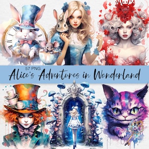 Alice au pays des merveilles PNG, aquarelle Alice au pays des merveilles Clipart, Clipart conte de fées, Alice PNG, Reine de coeur, chapelier fou, usage Commercial