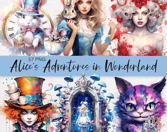 Watercolor Alice in Wonderland Clipart: Fairytale PNG Set (Commercial Use)