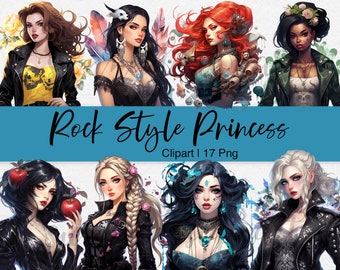 Princesse de style rock, princesse gothique, aquarelle Clipart, princesse PNG Bundle, Clipart de conte de fées sombre, Belle, Cendrillon, Blanche-Neige, Elsa