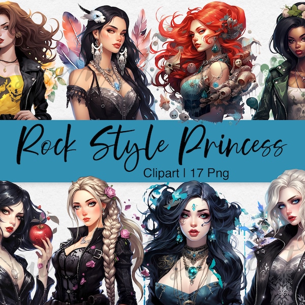 Rock Style Princess, Gothic Princess, Watercolor Clipart, Princess PNG Bundle, Dark Fairytale Clipart, Belle, Cinderella, Snow White, Elsa