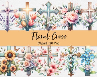 Watercolor Floral Cross PNG Bundle, Christian Easter Clipart for Bible Journaling (Digital Download)