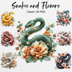 Cobras com flores, clipart aquarela, animal floral PNG, design de sublimação, download digital, uso comercial