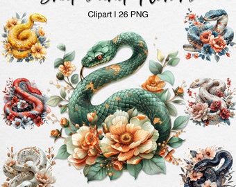 Peut inclure: Un ensemble de 26 images PNG numériques représentant des serpents et des fleurs. Les images présentent une variété d'espèces de serpents, notamment des serpents verts, rouges, noirs et blancs, avec des motifs floraux complexes dans des tons de rose, d'orange et de bleu.