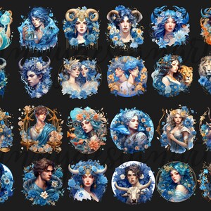 May include: A set of 24 circular illustrations featuring zodiac signs with floral and celestial elements. Each illustration depicts a different zodiac sign with a unique combination of flowers, stars, and other celestial symbols. The illustrations are in a blue and gold color scheme and are perfect for adding a touch of whimsy and magic to any project.