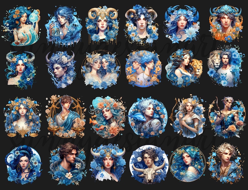 May include: A set of 24 circular illustrations featuring zodiac signs with floral and celestial elements. Each illustration depicts a different zodiac sign with a unique combination of flowers, stars, and other celestial symbols. The illustrations are in a blue and gold color scheme and are perfect for adding a touch of whimsy and magic to any project.