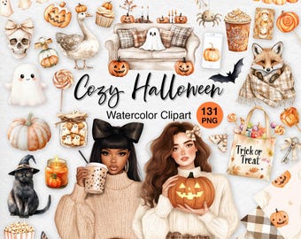 Cozy Halloween Watercolor Clipart Bundle with Neutral Pumpkins, Ghosts and Autumn Girls (Digital Download)