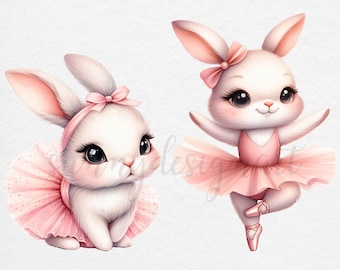 Ballerina Bunny Clipart: Watercolor Dancing Rabbits in Pink Tutu