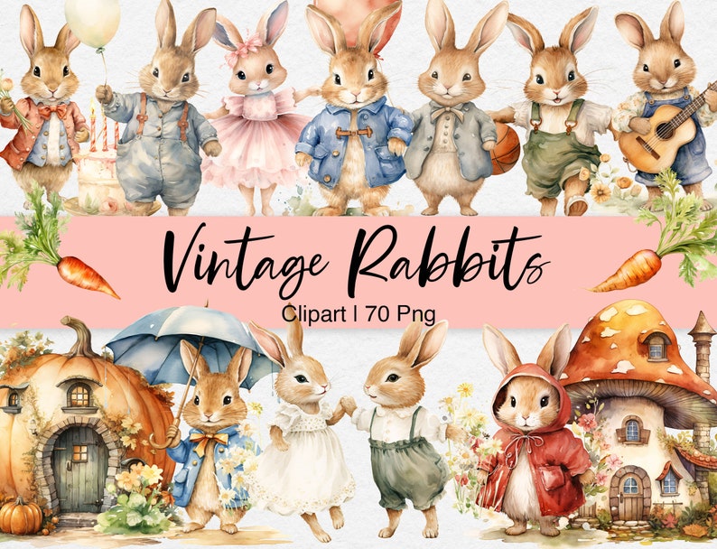 May include: Vintage watercolor illustrations of cute rabbits in various poses. The rabbits are wearing clothes and holding objects, such as a guitar, a basketball, and a birthday cake. The illustrations are perfect for scrapbooking, card making, and other craft projects.