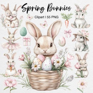 Watercolor Spring Bunnies Clipart, Easter Bunny PNG, Cute Pastel Rabbits, Floral Clipart, Easter Eggs, Nursery Decor, Digital Download