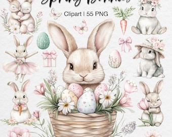 Watercolor Bunny Clipart: Spring Easter PNG Bundle Digital Stickers