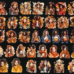 May include: A collection of watercolor portraits of women, each surrounded by autumn leaves. The women are depicted with various hairstyles and outfits, some holding pumpkins or coffee cups. The color palette includes warm tones of orange, brown, and yellow.