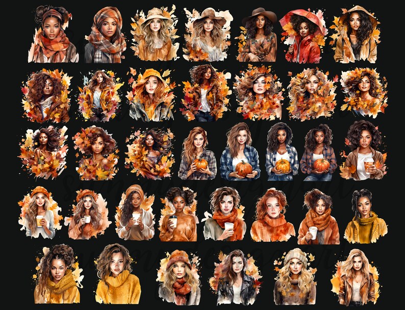 May include: A collection of watercolor portraits of women, each surrounded by autumn leaves. The women are depicted with various hairstyles and outfits, some holding pumpkins or coffee cups. The color palette includes warm tones of orange, brown, and yellow.