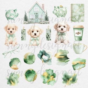 K&ouml;nnte beinhalten: Ein digitaler Clipart-Satz mit Aquarell-Illustrationen eines Hauses, Hunden, Sparschweinen, Kaffeetassen und abstrakten Formen in Gr&uuml;n- und Goldt&ouml;nen.