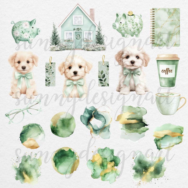 K&ouml;nnte beinhalten: Ein digitaler Clipart-Satz mit Aquarell-Illustrationen eines Hauses, Hunden, Sparschweinen, Kaffeetassen und abstrakten Formen in Gr&uuml;n- und Goldt&ouml;nen.