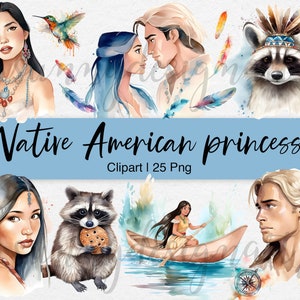 Clipart principessa nativa americana, clipart principessa acquerello, clipart indiana nativa, procione, piume, download istantaneo, uso commerciale
