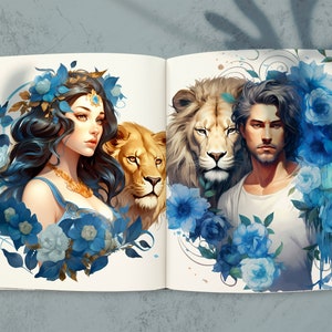 May include: A book open to a page with a painting of a woman with long dark hair and a lion, and a man with dark hair and a lion. The woman is wearing a blue dress and a gold necklace. The man is wearing a white shirt. The background is a white page with blue flowers.