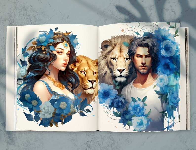 May include: A book open to a page with a painting of a woman with long dark hair and a lion, and a man with dark hair and a lion. The woman is wearing a blue dress and a gold necklace. The man is wearing a white shirt. The background is a white page with blue flowers.