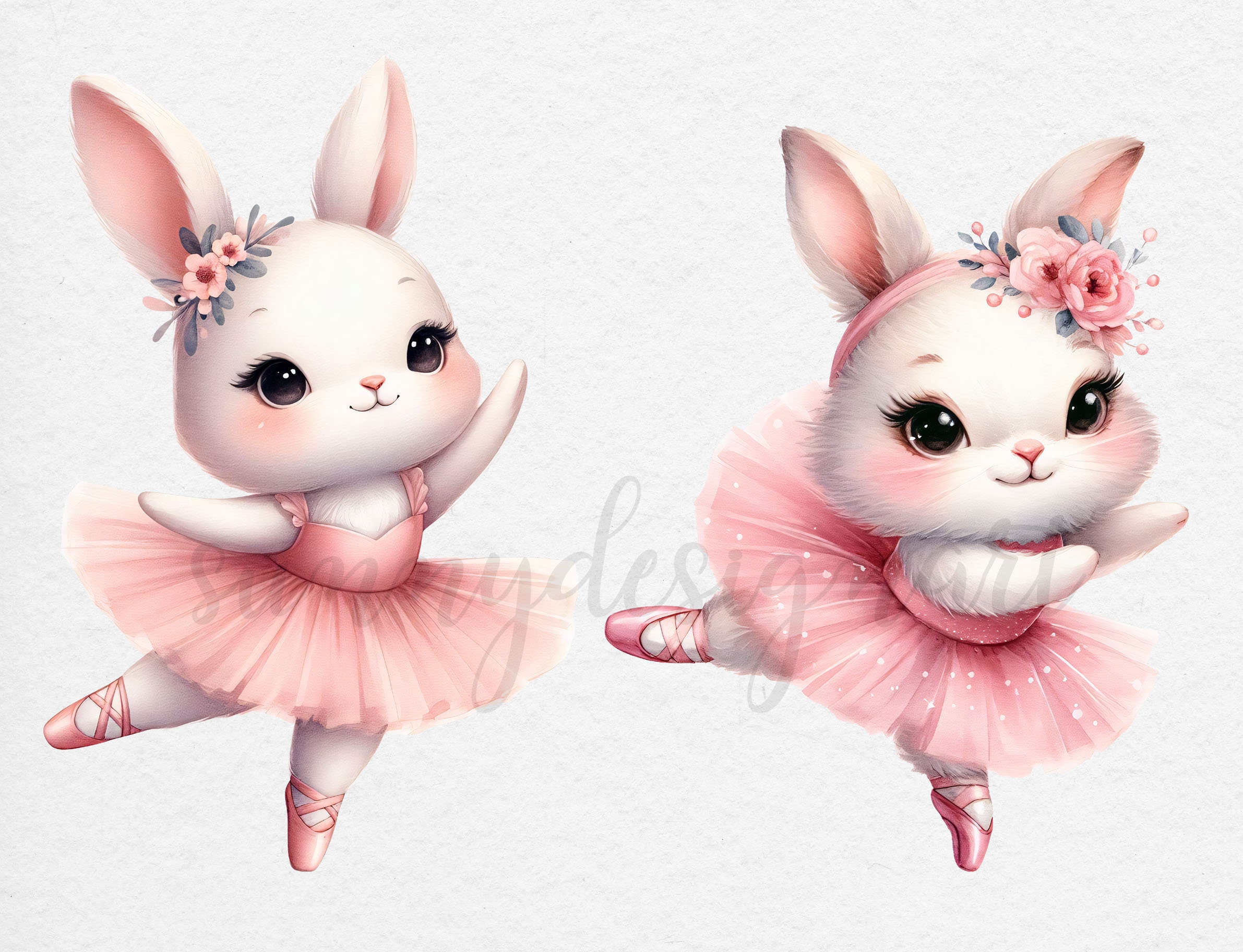 Ballerina Bunny Clipart: Watercolor Dancing Rabbits in Pink Tutu ...
