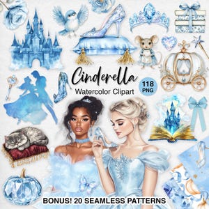 Puede incluir: Una colección de imágenes prediseñadas de acuarela con ilustraciones temáticas de Cenicienta. Incluye un castillo azul, un zapato de cristal, un carruaje y retratos de mujeres con vestidos azules. Se muestra el texto "Cinderella Watercolor Clipart".