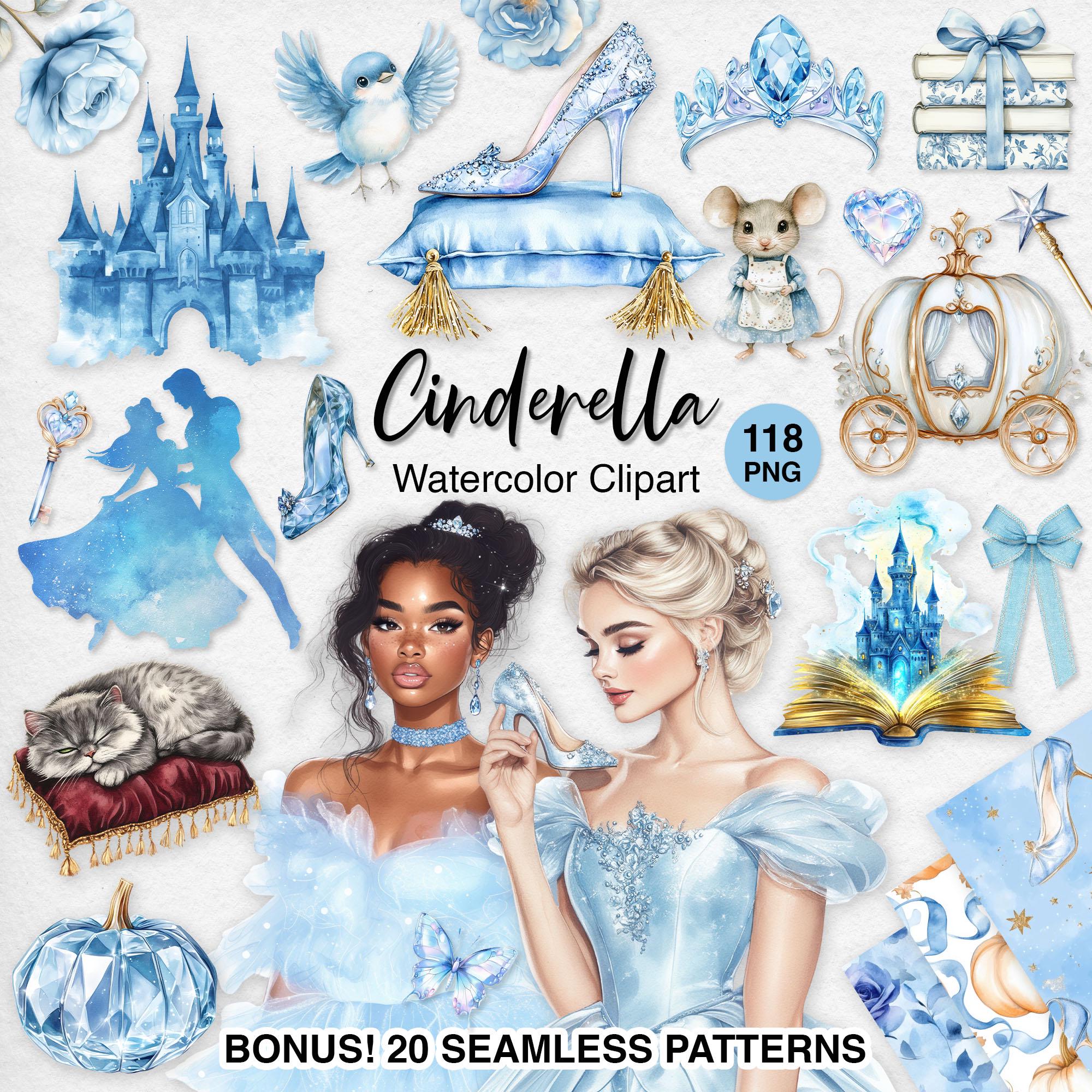 Cinderella Watercolor Clipart: Fairytale Black Princess PNG and ...