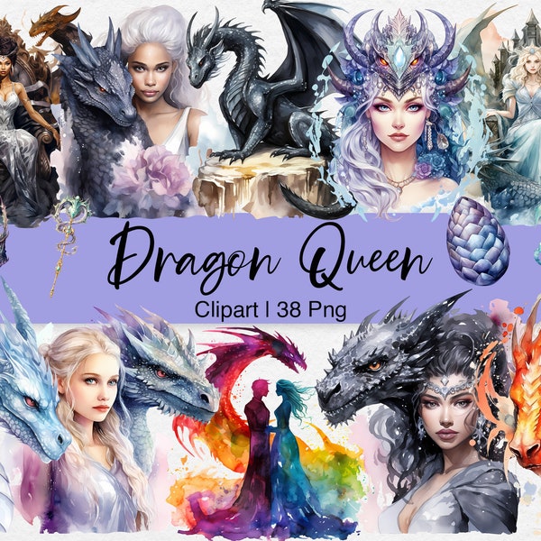 Dragon Queen Clipart, Watercolor Clipart, Fantasy Illustration, Dragon Art, Princess Clipart, Magical Clipart, Dragon Png, Commercial Use