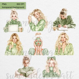 K&ouml;nnte beinhalten: Satz von sechs digitalen Illustrationen, die eine Frau in verschiedenen Aktivit&auml;ten zeigen, darunter Arbeiten an einem Laptop, Lesen eines Buches, Auftragen einer Gesichtsmaske, Trinken von Wein, Schreiben in ein Tagebuch und Halten eines Kissens. Die Illustrationen sind im Aquarellstil mit einer gr&uuml;nen Farbpalette gezeichnet.