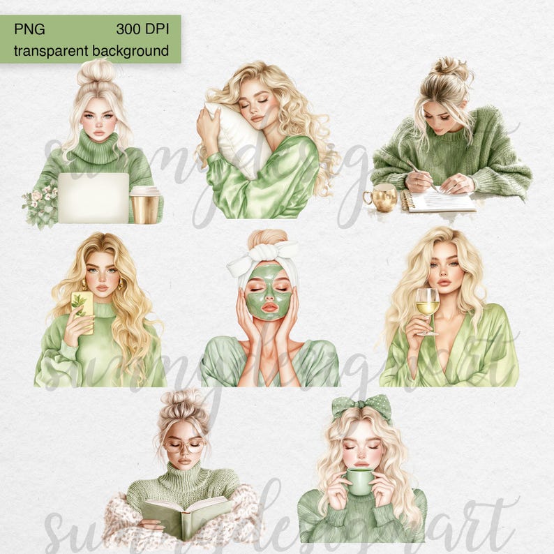 K&ouml;nnte beinhalten: Satz von sechs digitalen Illustrationen, die eine Frau in verschiedenen Aktivit&auml;ten zeigen, darunter Arbeiten an einem Laptop, Lesen eines Buches, Auftragen einer Gesichtsmaske, Trinken von Wein, Schreiben in ein Tagebuch und Halten eines Kissens. Die Illustrationen sind im Aquarellstil mit einer gr&uuml;nen Farbpalette gezeichnet.
