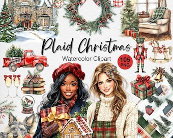 May include: Watercolor clipart titled "Plaid Christmas" featuring a variety of holiday elements. Includes a red truck with a Christmas tree, a wreath, gifts, a gingerbread house, and two women. Also includes seamless patterns.