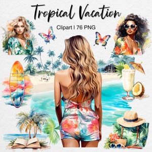 Tropische vakantie clipart png bundel, aquarel zomer, mode meisje, strand, cocktails, reizen, digitale download, commercieel gebruik