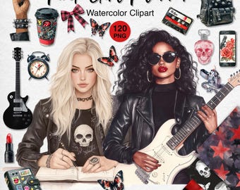 Rock Girl Clipart, Punk Aesthetic PNG, Watercolor Women Stickers, Rock and Roll Planner Clip Art, Fashion Digital Download, Scrapbooking