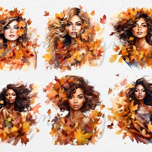 May include: Watercolor portraits of six women with autumn leaves in their hair and around their shoulders. The women have various skin tones and hair colors, with the leaves in shades of orange, yellow, and red.