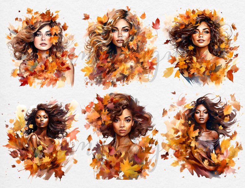 May include: Watercolor portraits of six women with autumn leaves in their hair and around their shoulders. The women have various skin tones and hair colors, with the leaves in shades of orange, yellow, and red.