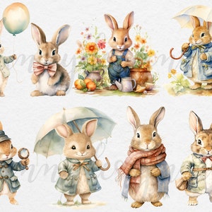 May include: A set of eight watercolor illustrations featuring cute bunnies in various poses and outfits. Some bunnies are holding umbrellas, balloons, magnifying glasses, and gardening tools. The illustrations are set against a white background.