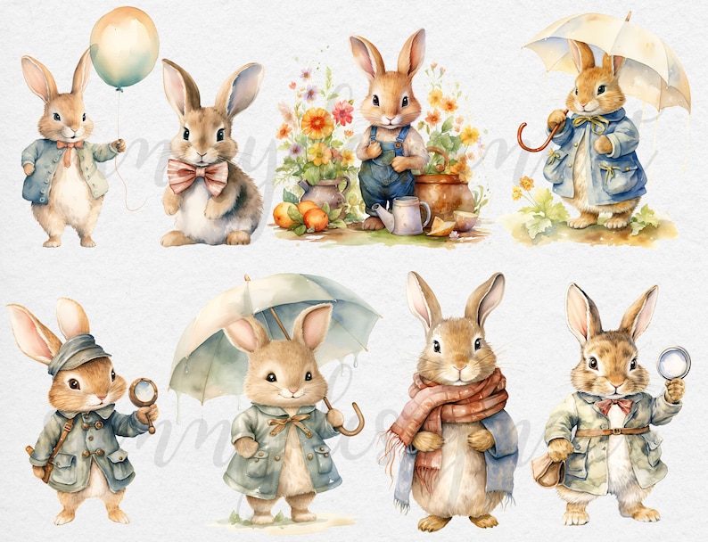 May include: A set of eight watercolor illustrations featuring cute bunnies in various poses and outfits. Some bunnies are holding umbrellas, balloons, magnifying glasses, and gardening tools. The illustrations are set against a white background.